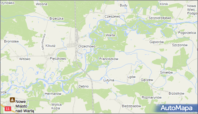 mapa Franciszków gmina Nowe Miasto nad Wartą, Franciszków gmina Nowe Miasto nad Wartą na mapie Targeo