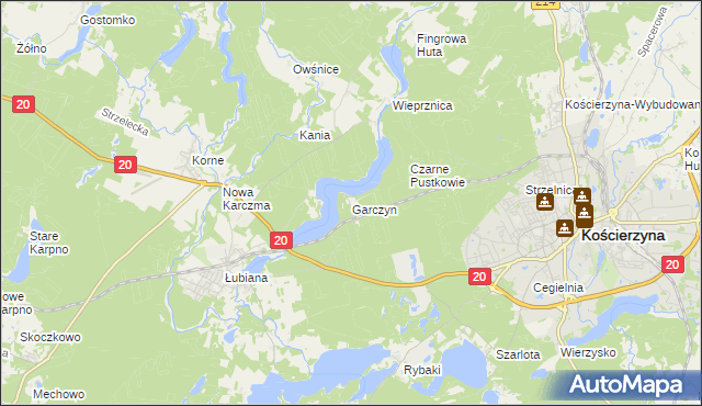 mapa Garczyn gmina Kościerzyna, Garczyn gmina Kościerzyna na mapie Targeo