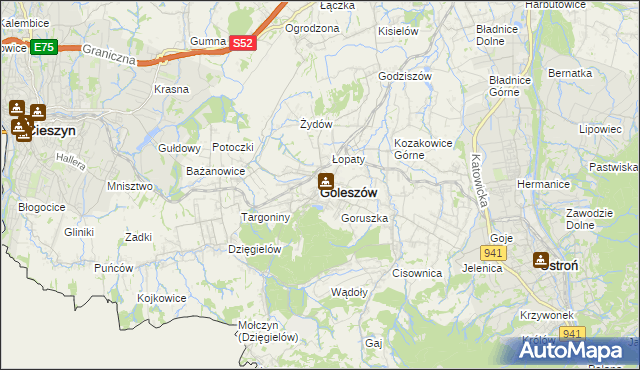 mapa Goleszów powiat cieszyński, Goleszów powiat cieszyński na mapie Targeo