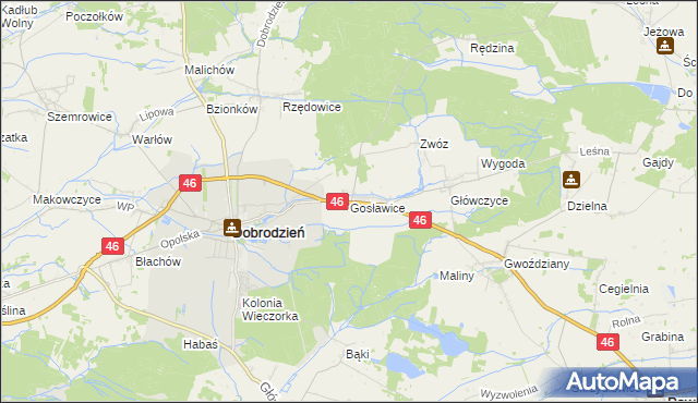 mapa Gosławice gmina Dobrodzień, Gosławice gmina Dobrodzień na mapie Targeo