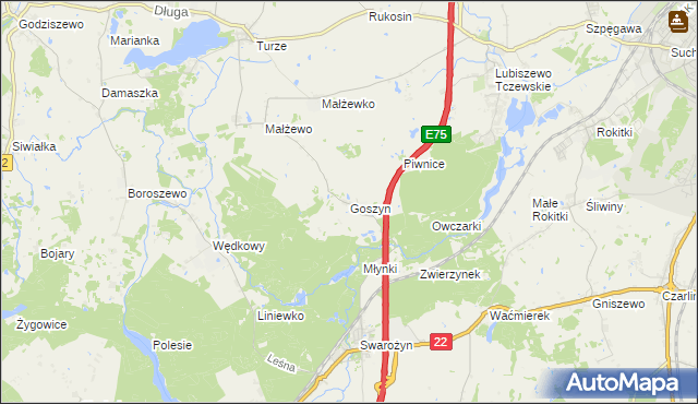 mapa Goszyn gmina Tczew, Goszyn gmina Tczew na mapie Targeo