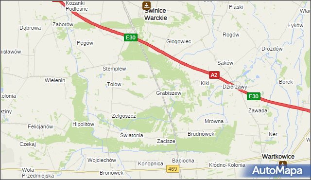 mapa Grabiszew gmina Wartkowice, Grabiszew gmina Wartkowice na mapie Targeo
