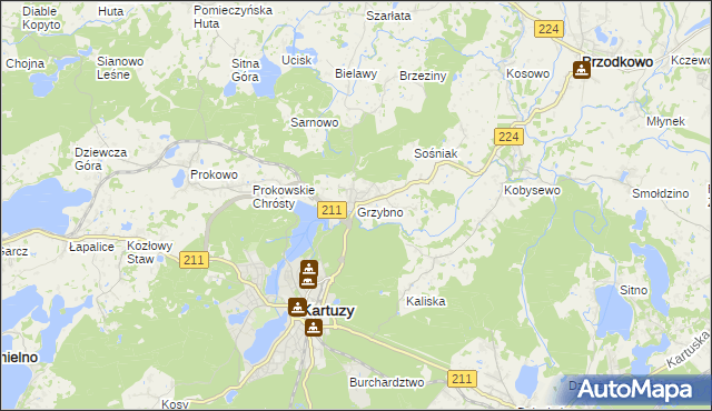 mapa Grzybno gmina Kartuzy, Grzybno gmina Kartuzy na mapie Targeo