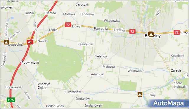 mapa Helenów gmina Brzeziny, Helenów gmina Brzeziny na mapie Targeo