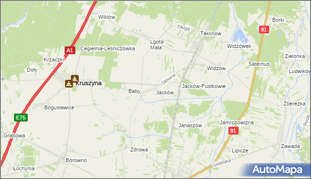 mapa Jacków gmina Kruszyna, Jacków gmina Kruszyna na mapie Targeo