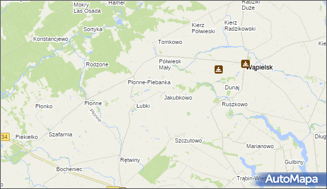 mapa Jakubkowo gmina Radomin, Jakubkowo gmina Radomin na mapie Targeo