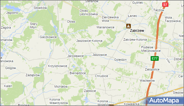 mapa Jaszowice gmina Zakrzew, Jaszowice gmina Zakrzew na mapie Targeo