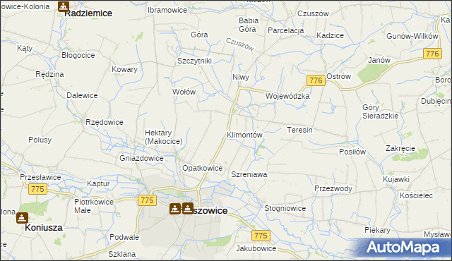 mapa Klimontów gmina Proszowice, Klimontów gmina Proszowice na mapie Targeo