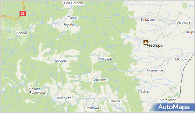 mapa Koniusza gmina Fredropol, Koniusza gmina Fredropol na mapie Targeo