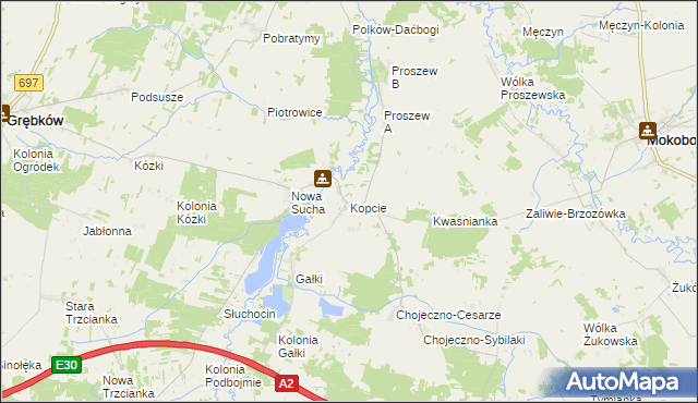 mapa Kopcie gmina Grębków, Kopcie gmina Grębków na mapie Targeo
