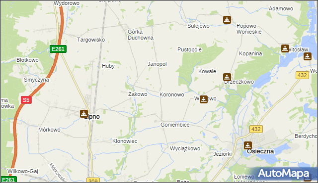 mapa Koronowo gmina Lipno, Koronowo gmina Lipno na mapie Targeo