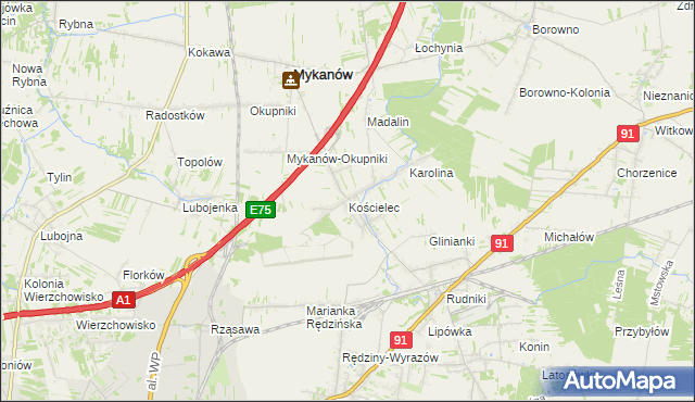 mapa Kościelec gmina Rędziny, Kościelec gmina Rędziny na mapie Targeo