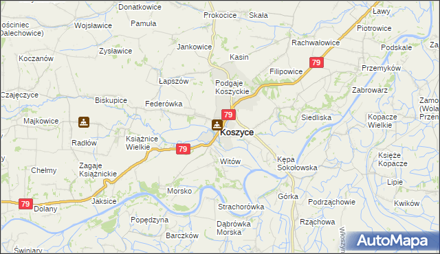 mapa Koszyce powiat proszowicki, Koszyce powiat proszowicki na mapie Targeo