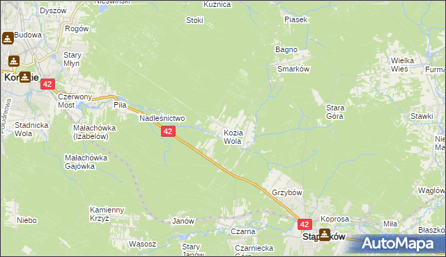 mapa Kozia Wola gmina Stąporków, Kozia Wola gmina Stąporków na mapie Targeo