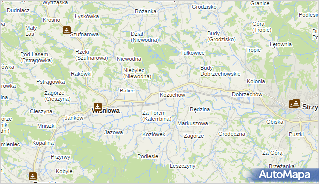 mapa Kożuchów gmina Wiśniowa, Kożuchów gmina Wiśniowa na mapie Targeo