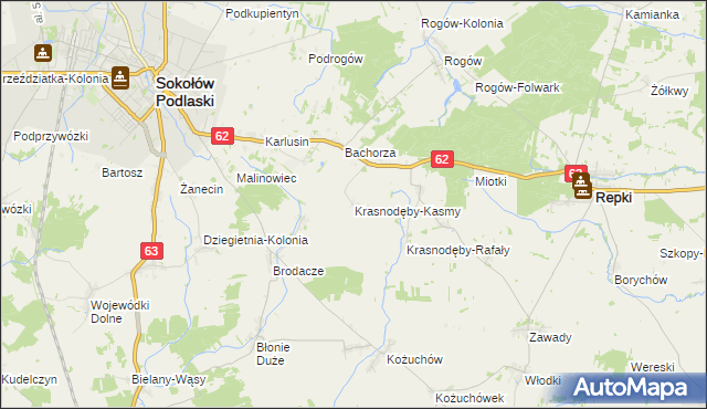 mapa Krasnodęby-Kasmy, Krasnodęby-Kasmy na mapie Targeo