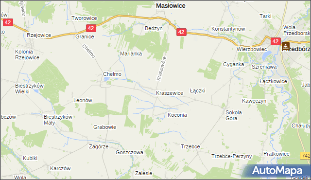 mapa Kraszewice gmina Masłowice, Kraszewice gmina Masłowice na mapie Targeo