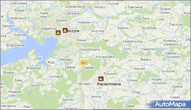 mapa Krzyworzeka gmina Raciechowice, Krzyworzeka gmina Raciechowice na mapie Targeo