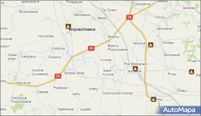 mapa Kunice gmina Wojciechowice, Kunice gmina Wojciechowice na mapie Targeo