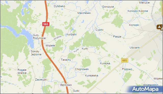 mapa Kurki gmina Grajewo, Kurki gmina Grajewo na mapie Targeo