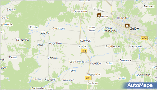 mapa Kurów gmina Zelów, Kurów gmina Zelów na mapie Targeo