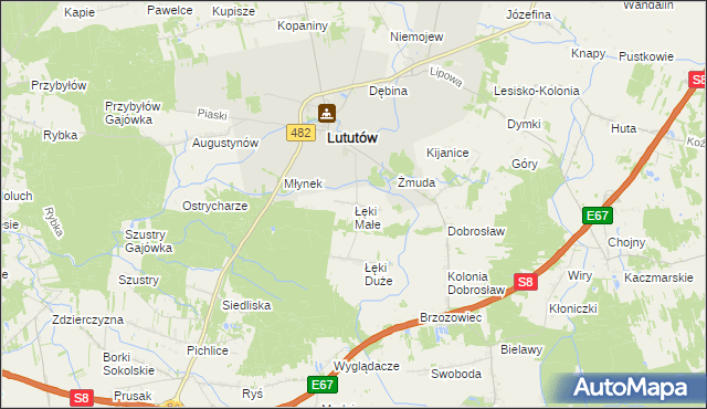 mapa Łęki Małe gmina Lututów, Łęki Małe gmina Lututów na mapie Targeo