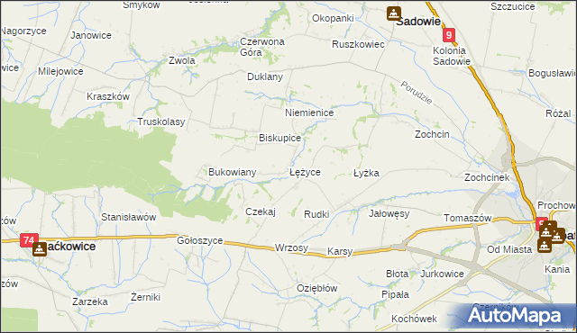mapa Łężyce gmina Sadowie, Łężyce gmina Sadowie na mapie Targeo