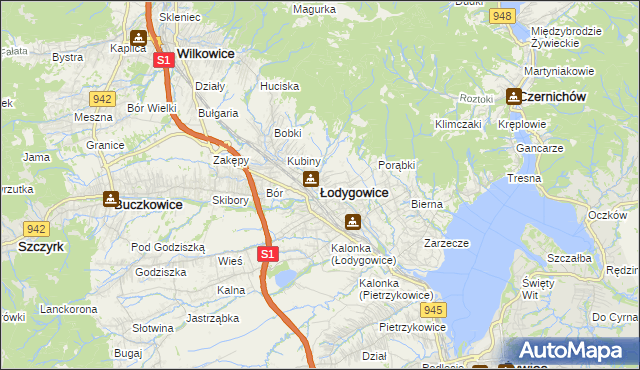 mapa Łodygowice powiat żywiecki, Łodygowice powiat żywiecki na mapie Targeo