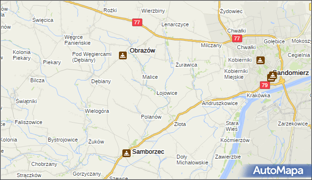 mapa Łojowice gmina Samborzec, Łojowice gmina Samborzec na mapie Targeo
