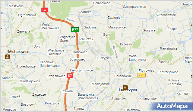 mapa Łuczyce gmina Kocmyrzów-Luborzyca, Łuczyce gmina Kocmyrzów-Luborzyca na mapie Targeo