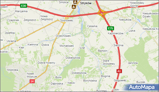 mapa Ługi gmina Stryków, Ługi gmina Stryków na mapie Targeo