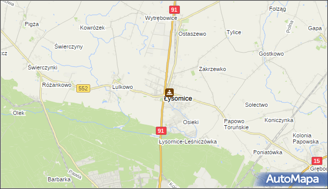 mapa Łysomice powiat toruński, Łysomice powiat toruński na mapie Targeo