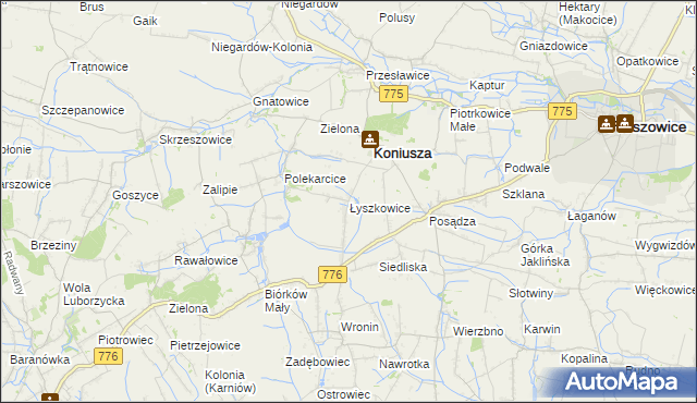 mapa Łyszkowice gmina Koniusza, Łyszkowice gmina Koniusza na mapie Targeo
