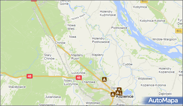 mapa Majdany gmina Kozienice, Majdany gmina Kozienice na mapie Targeo
