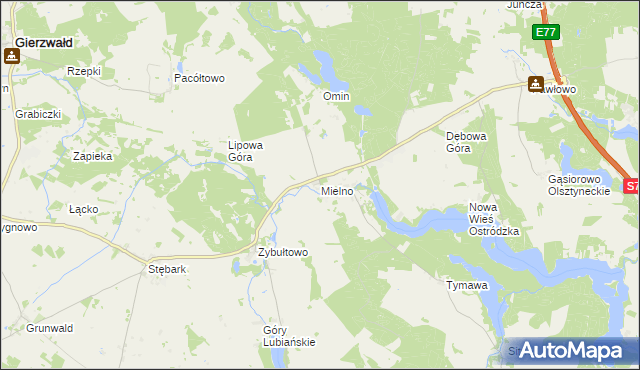 mapa Mielno gmina Grunwald, Mielno gmina Grunwald na mapie Targeo