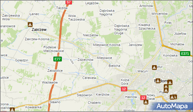 mapa Milejowice gmina Zakrzew, Milejowice gmina Zakrzew na mapie Targeo