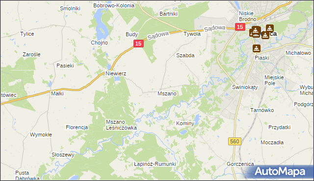 mapa Mszano gmina Brodnica, Mszano gmina Brodnica na mapie Targeo