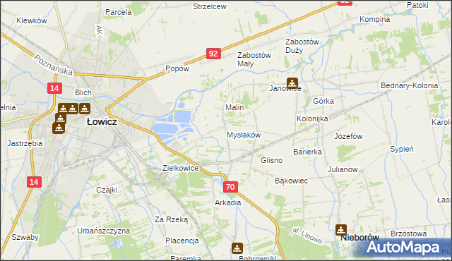 mapa Mysłaków gmina Nieborów, Mysłaków gmina Nieborów na mapie Targeo