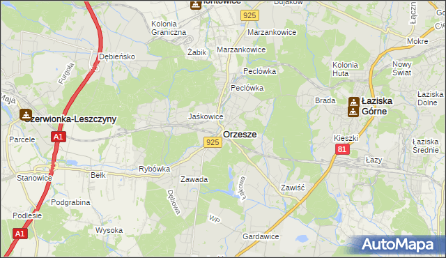 mapa Orzesze powiat mikołowski, Orzesze powiat mikołowski na mapie Targeo