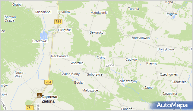mapa Osiny gmina Dąbrowa Zielona, Osiny gmina Dąbrowa Zielona na mapie Targeo