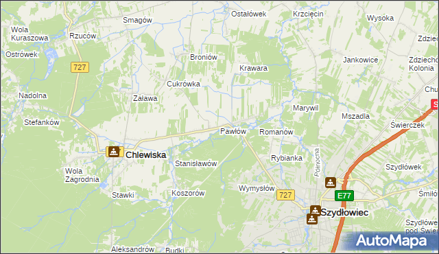 mapa Pawłów gmina Chlewiska, Pawłów gmina Chlewiska na mapie Targeo