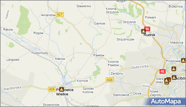 mapa Pawłów gmina Pietrowice Wielkie, Pawłów gmina Pietrowice Wielkie na mapie Targeo