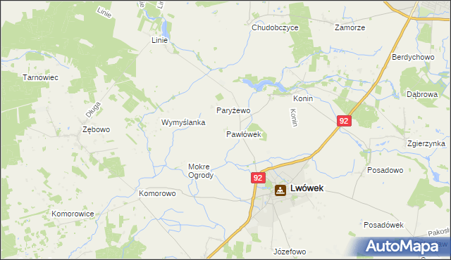 mapa Pawłówek gmina Lwówek, Pawłówek gmina Lwówek na mapie Targeo