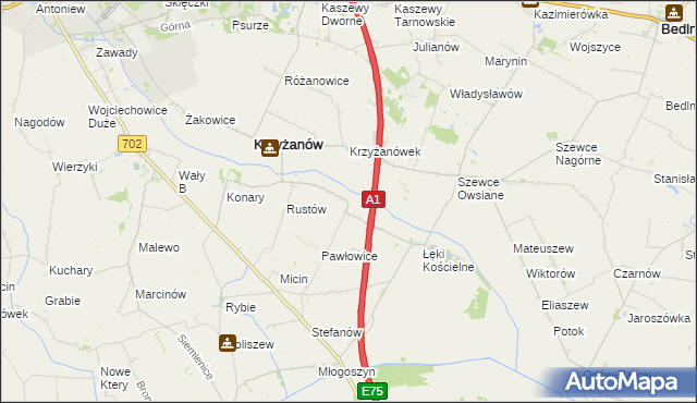 mapa Pawłowice gmina Krzyżanów, Pawłowice gmina Krzyżanów na mapie Targeo