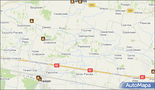 mapa Pawłowice gmina Teresin, Pawłowice gmina Teresin na mapie Targeo