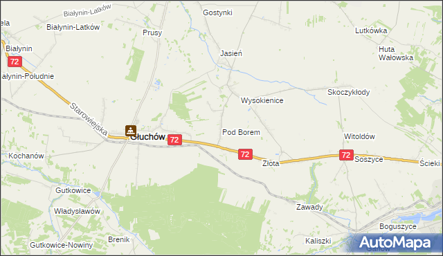 mapa Pod Borem gmina Głuchów, Pod Borem gmina Głuchów na mapie Targeo