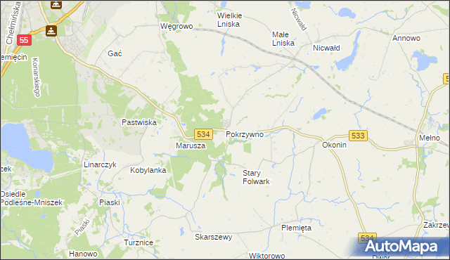 mapa Pokrzywno gmina Gruta, Pokrzywno gmina Gruta na mapie Targeo