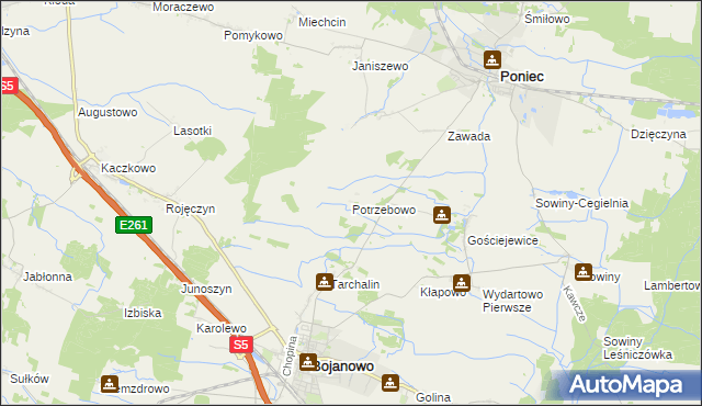 mapa Potrzebowo gmina Bojanowo, Potrzebowo gmina Bojanowo na mapie Targeo