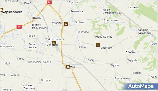 mapa Prusy gmina Ożarów, Prusy gmina Ożarów na mapie Targeo