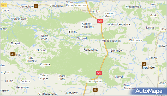 mapa Radziwiłka gmina Młodzieszyn, Radziwiłka gmina Młodzieszyn na mapie Targeo